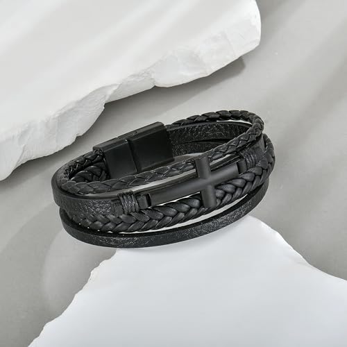Mens Cuff Cross Bracelet Multi-Layer Braided Leather Cross Bracelet for Religious Bangle Wristband Faith Christian Jewelry for Men Teen - color: C.Black, size: 9.1in(23cm, Fits larger wrists)