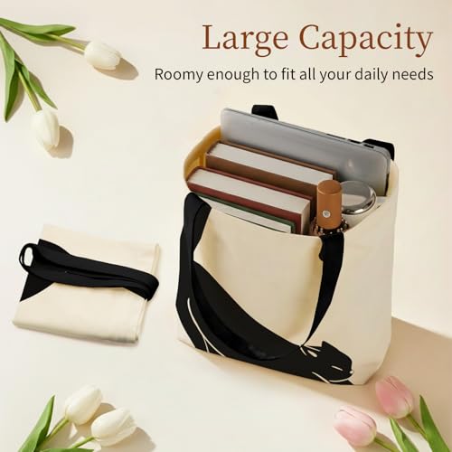 Canvas Tote Bag for Women with Zipper Cute - color: Black Cat