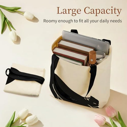 Canvas Tote Bag for Women with Zipper Cute - color: Black Cat
