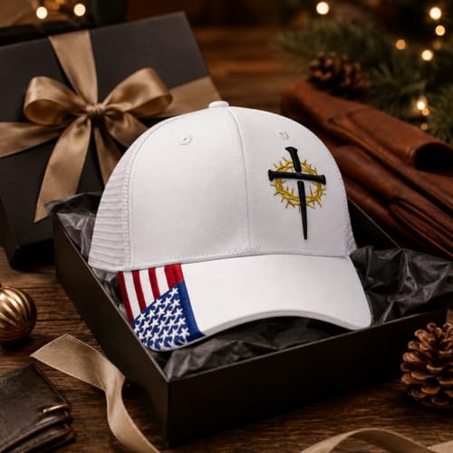 Christian Cross Baseball Cap for Men, American Flag - color: White