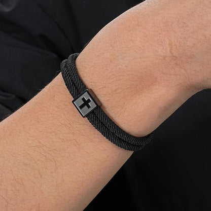 Christian Cross Bracelet for Boys Men- Adjustable Rope Bracelet Christian Religious Jewelry Gifts Ideas for Teen Boys Kids - color: Black-PHILIPPIANS 4:13