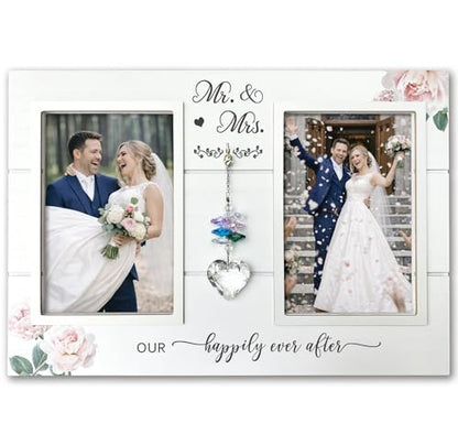 Mr. & Mrs. Wedding Picture Frame, Gift for Couple, K9 Crystal Charm - color: 3. White - Happily Ever After