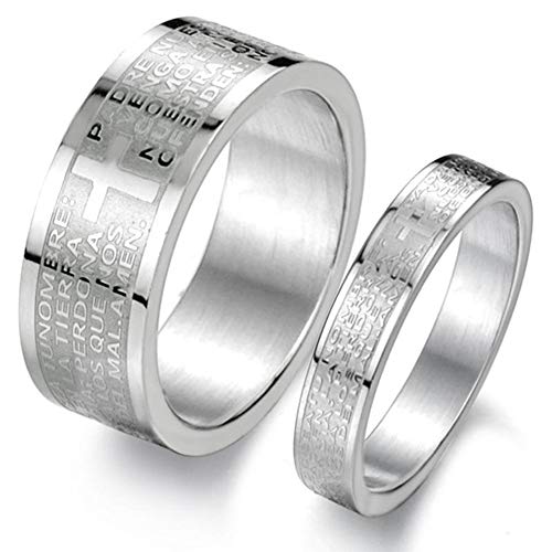 Fashion Month Mens Womens Stainless Steel Vintage Silver Couple Ring Spanish Bible Lords Prayer Cross White Gold Band