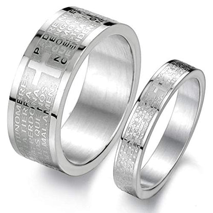 Fashion Month Mens Womens Stainless Steel Vintage Silver Couple Ring Spanish Bible Lords Prayer Cross White Gold Band