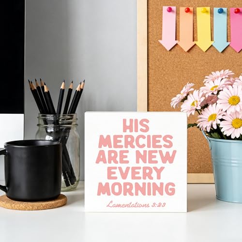 Pink Christian Wooden Box Sign 5x5 Inch, Christian Home Decor, His Mercies Are New Every Morning Bible Verse Religious Decorative Wood Signs for Home Office Desk Tabletop Shelf Decorations - color: Wooden Box Sign E