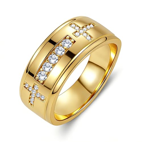 Mens Wedding Band, 18K Gold Plated Rings Non Tarnish Promise Rings For Him Lord's Prayer Cross Ring Father in Law Gifts Round Cut Anniversary Engagement Size 7-14 - size: 13