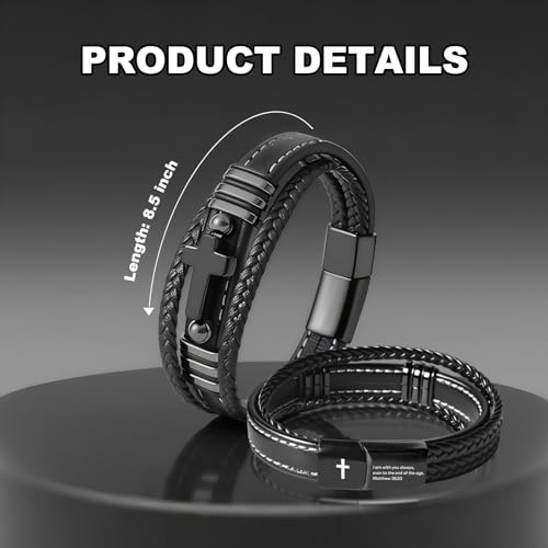 Men's Leather Faith Cross Bracelets, Multi-Layer Braided Leather Wristband Bangle, Jesus Catholic Christian Religious Jewelry Gifts for Dad,Friends,Brother - style: Mattew 28:20