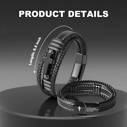 Men's Leather Faith Cross Bracelets, Multi-Layer Braided Leather Wristband Bangle, Jesus Catholic Christian Religious Jewelry Gifts for Dad,Friends,Brother - style: Mattew 28:20
