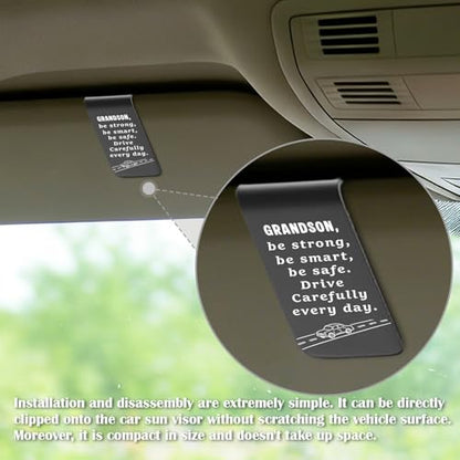 YODOCAMP Drive Safe Grandson Car Visor Clip, Be Strong Be Smart Be Safe Engraved Reminder, Gift for Grandson from Grandma Grandpa, Safe Driving Car Accessory TZC196 - color: Black-C196