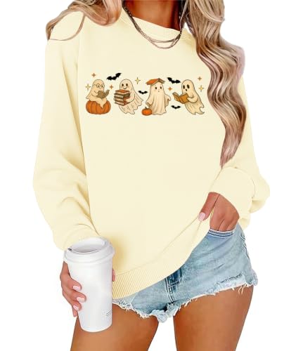 Teacher Halloween Sweatshirt Women Cute Ghost Reading Books Tops - color: A-apricot, size: Small