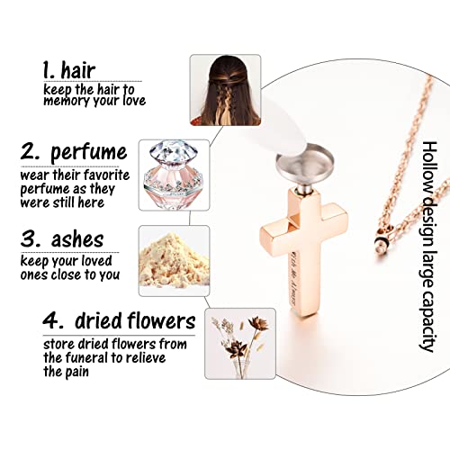 Cremation Cross Necklace for Ashes Stainless Steel Cross Urn Pendant Ashes Holder Memorial Jewelry-With Me Always - style: With me always-Rose Gold engraving