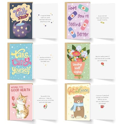 Ogeby 24 Pack Get Well Cards Set with Envelopes & Stickers, Cute Encouragement Cards for Friend Family Coworker, 6 Assorted Designs with Heartfelt Message Inside, 4x6 Inch