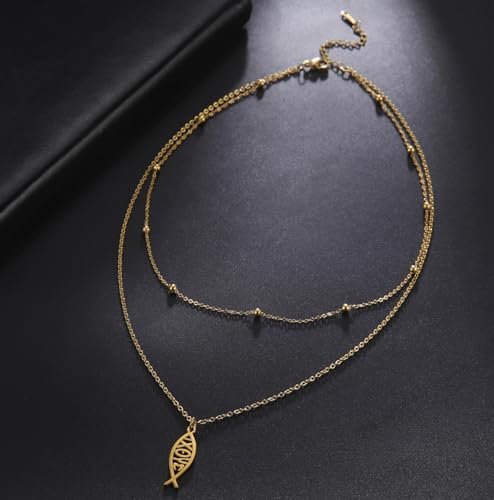 Ichthus Necklace for Women Christian Jesus Fish Necklace Christ Fish Cross Ichthys Pendant Necklace Ichthus Fish Religious Symbol Pendant Christian Jewelry Gift - color: Jesus Fish 2 gold