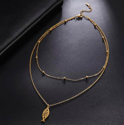 Ichthus Necklace for Women Christian Jesus Fish Necklace Christ Fish Cross Ichthys Pendant Necklace Ichthus Fish Religious Symbol Pendant Christian Jewelry Gift - color: Jesus Fish 2 gold