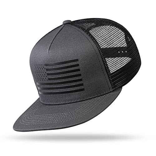UALON Baseball Cap, Snapback Trucker Hat for Men & Women with American Flag and Adjustable, Breathable Mesh, Flat Bill Hats - color: Dark Gray/Black