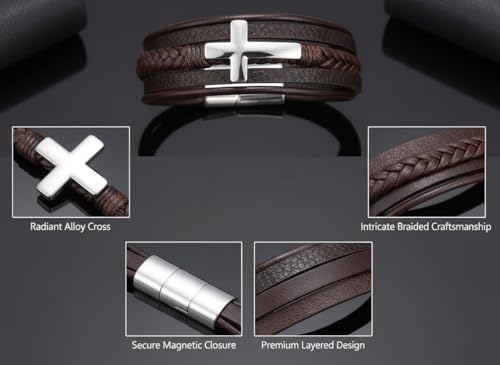 Stainless Steel Braided Leather Bracelet for Men Cuff Bangle Cross - color: Brown&White