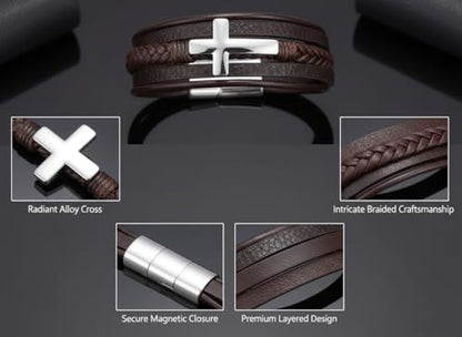 Stainless Steel Braided Leather Bracelet for Men Cuff Bangle Cross - color: Brown&White
