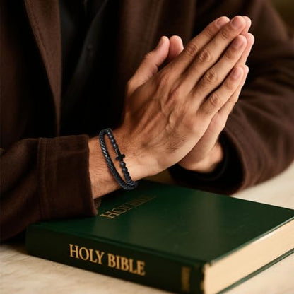 Mens Cross Bead Braided Genuine Leather Bracelet, Black Gemstone Agate Onyx Beaded Rosary Obsidian Bangle, Faith Religious Easter Catholic Christian Communion Baptism Christmas Jewelry Gift for Men - color: Black-7.87IN