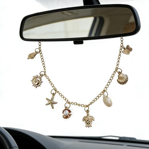 Car Rearview Mirror Charm Gold Hanging Cross Seashell Sun Ornament - color: Ocean