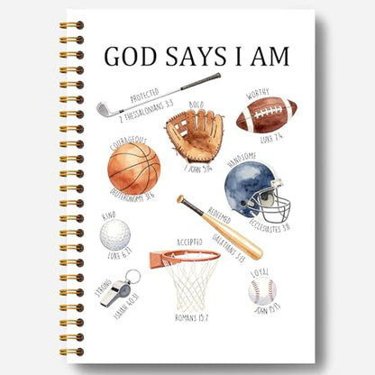 God Says I Am Christian Sports Notebook, Inspirational Bible Journal for Women Men Kids, Golf Football Basketball Baseball Lover Gifts Hardcover Spiral Notebooks Journals, 5.5x8.3 Inch - color: Christian Sports