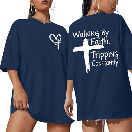 Christian Oversize Shirt for Women Jesus Faith Bible Verse Graphic Tee Tops - color: Bllue, size: Small