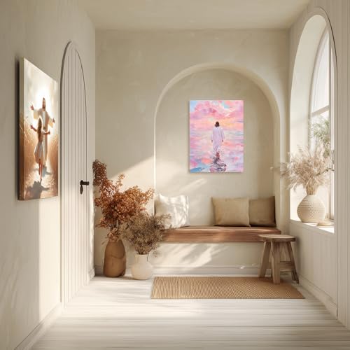 FASWQ Wrapped Canvas Pink Jesus Walking on Water Wall Art 20x30 in - color: JesusBack, size: 30"L x 20"W