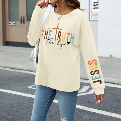 Tuislay Christian Sweatshirt Womens Jesus God Pullover Bible Verse Crewneck Sweatshirts Religious Cross Graphic Shirts - color: Apricot, size: XX-Large
