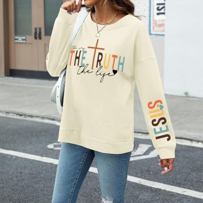 Tuislay Christian Sweatshirt Womens Jesus God Pullover Bible Verse Crewneck Sweatshirts Religious Cross Graphic Shirts - color: Apricot, size: XX-Large