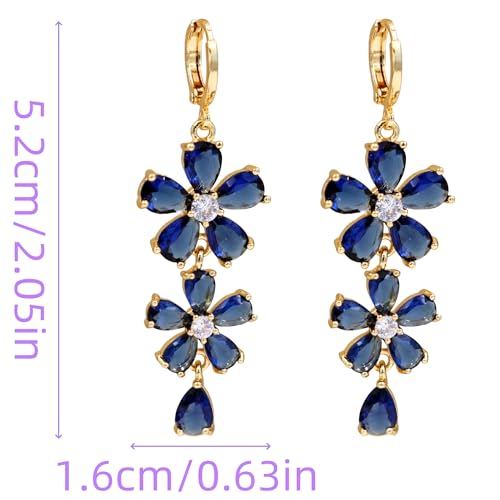 18K Gold Plated, Dangle Earrings for Women, Flower/Heart Drop earrings, Hypoallergenic Cubic Zirconia Earrings, Lightweight, Party, gold earrings, Jewelry for Gifts, Fashion - style: 7098-Blue