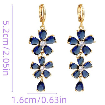 18K Gold Plated, Dangle Earrings for Women, Flower/Heart Drop earrings, Hypoallergenic Cubic Zirconia Earrings, Lightweight, Party, gold earrings, Jewelry for Gifts, Fashion - style: 7098-Blue
