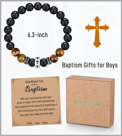 TONY & SANDY Christian Gift for Him Kids Teen Boys Adults Men Cross Bracelet Son Grandson Birthday Graduation Easter Religious Gifts for Men Christmas - style: Baptism ( 6.3 Inches )