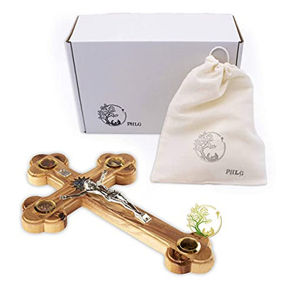 Wall Cross Flowers, Incense, Olive Leaf and Stones/Wooden Cross with Mother of Pearl Bethlehem Star from the Holy Land Made from Olive Wood - Crucfix for Communion, Baptism or Christening Gifts Medium