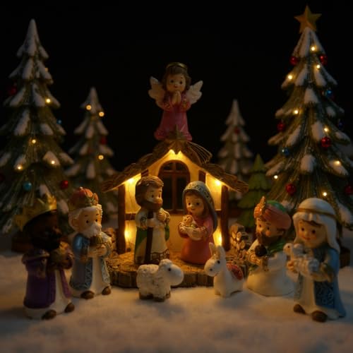 Nativity Set with LED Lights - 12Pcs Nativity Story Set with Little Figures