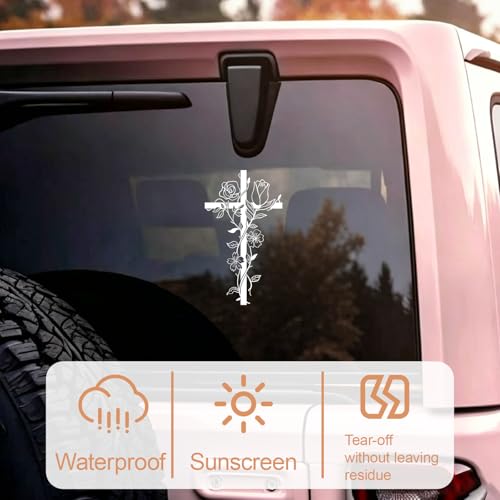 Cross Car Decal, Floral Cross Sticker for Car, Christian Car Decals, Waterproof Vinyl Decal for Car Window, Bumper, Laptop, Flower Cross Sticker Gift - color: White