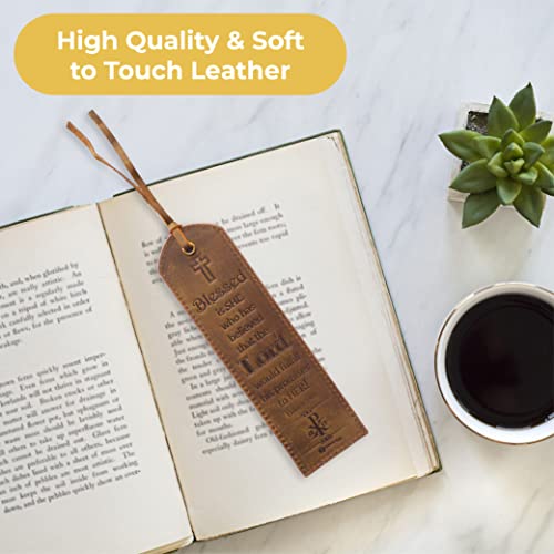 Leather Bible Bookmarks - 2 Leather Christian Bookmarks with Inspirational Bible Verse | Luke 1: 45 Blessed is She | Perfect Religious Book Marker Gifts for Men, Women, Readers and Friends - style: Luke 1:45