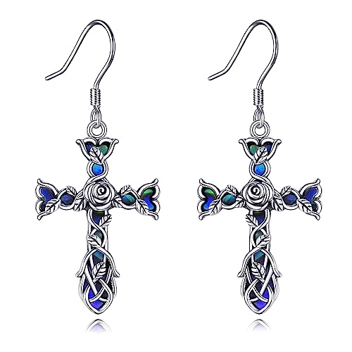 Cross Earrings 925 Sterling Silver Dangle Earring Gifts for Women - style: Rose flower