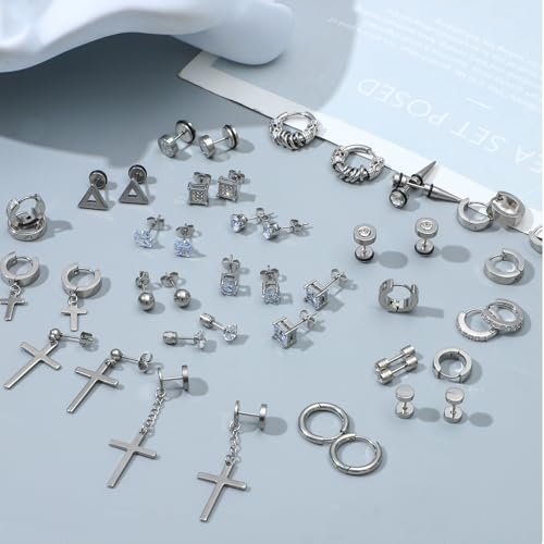 NEWITIN 24 Pairs Stainless Steel Earrings for Men Hypoallergenic Inlaid Cubic Zirconia Studs Hoop Earring Cross Dangle Earrings Unisex Punk Stud Earring for Women Men - color: Different Silver