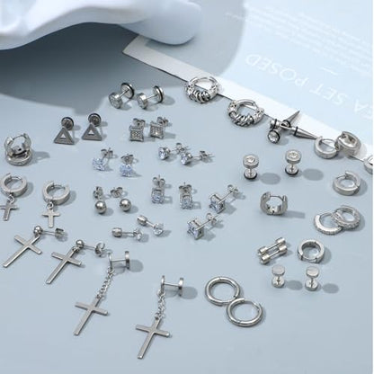 NEWITIN 24 Pairs Stainless Steel Earrings for Men Hypoallergenic Inlaid Cubic Zirconia Studs Hoop Earring Cross Dangle Earrings Unisex Punk Stud Earring for Women Men - color: Different Silver