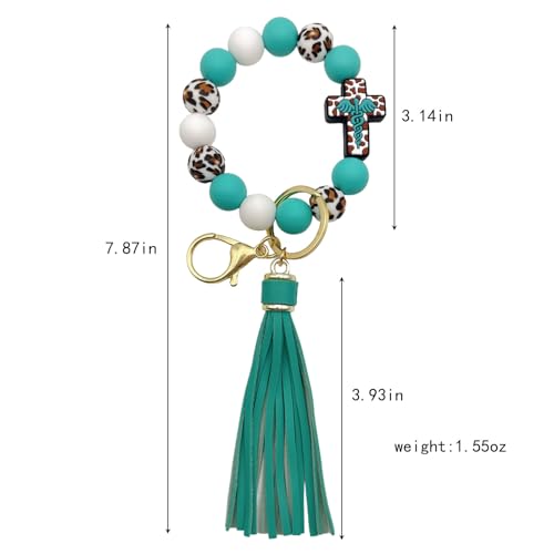 Beaded Keychain Wristlet Silicone Cross Elastic Wrist Key Ring Tassel Bangle Key Chains for Car Key Bracelet Women - color: Leopard Turquoise