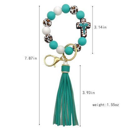 Beaded Keychain Wristlet Silicone Cross Elastic Wrist Key Ring Tassel Bangle Key Chains for Car Key Bracelet Women - color: Leopard Turquoise