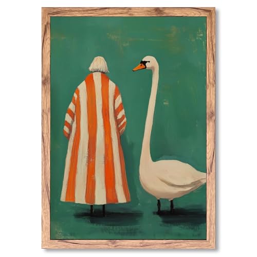 KBBYT Wood Frame Whimsical Swan Wall Art Surreal Woman Bird Canvas Print Artwork Vintage Green Orange Painting Quirky Animal Decor Poster Eclectic Wall Decor Pictures for Living Room Bedroom 20x30inch - color: style-4 Wood Framed, size: 20"L x 30"W