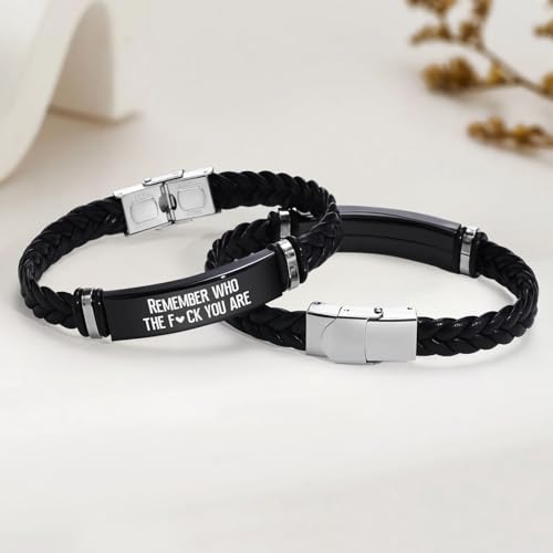 Leather Bracelet Sobriety Gifts for Men : Inspirational Quote/Bible Verse Engraved Braided Black Mens Bracelet for Him, Customized Religious Christian Gift Jewelry for Son/Dad/Boys/Boyfriend/Husband - style: 14:Remember who the fuk you are