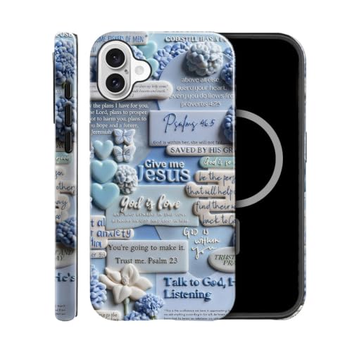 Case for iPhone 16,Pastel Blue Hydrangea Bible Verse Clay Patchwork Phone Case,Trendy Glossy Magsafe Silicone Shockproof Cover for Girl Women - color: Pastel Blue Hydrangea Bible Verse Clay Patchwork, size: iPhone 16
