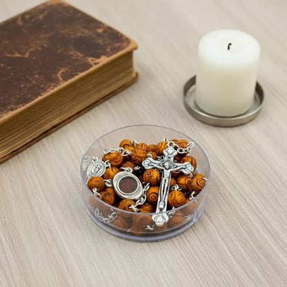Nazareth Store Natural Olive Wood Rosary Beads Hand Carved Five Decade Catholic Rosary with Jerusalem Holy Soil Medal and Cross Terra Santa Rosaries
