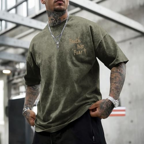Christian Shirts for Men Faith Over Fear Acid Wash Tshirts Faith Religious Tees God Bible Verse Inspirational Tops - color: Army Green, size: Large