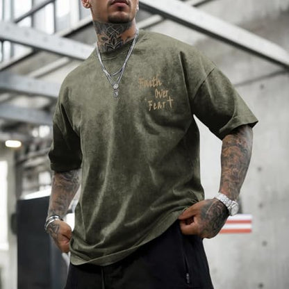 Christian Shirts for Men Faith Over Fear Acid Wash Tshirts Faith Religious Tees God Bible Verse Inspirational Tops - color: Army Green, size: X-Large