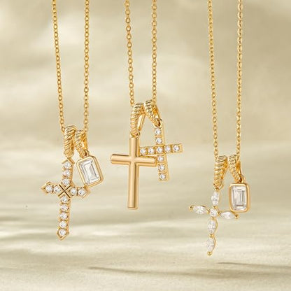 Gold Cross Necklace for Women: 14K Gold Plated Dainty Cross Pendant Non-Tarnish Necklace, Faith Crucifix Chain Jewelry, Elegant Religious Gifts - style: Double Cross