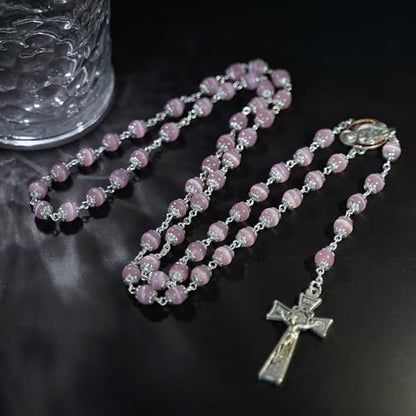 Rosary Beads Catholic for Woman - Italy 8-9mm AAA+ Natural Pink Cat Eyes Gemstone Rosary Beads.
