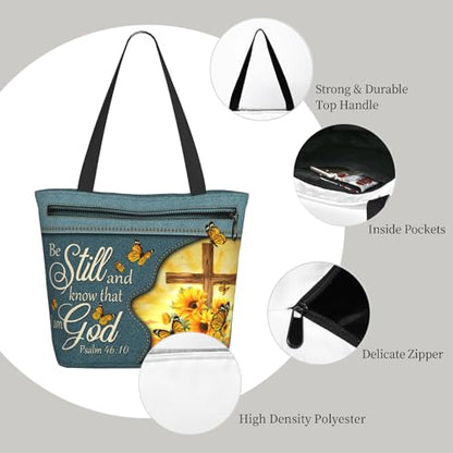 Christian Gifts Reusable Shopping Tote Bag Zippered Inspirational Tote Bags for Women Bible Verse Shoulder Bag - color: Sunflower