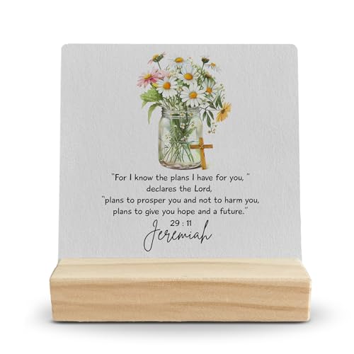 Christian Desk Decor, Jeremiah 29 11 Bible Verse Floral Wood Desk Sign, Inspirational Office Shelf Decor, Religious Christian Wooden Plaque with Wood Stand - color: color-3